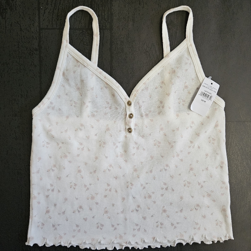 AE Crop Cami, Size Medium, White with flowers